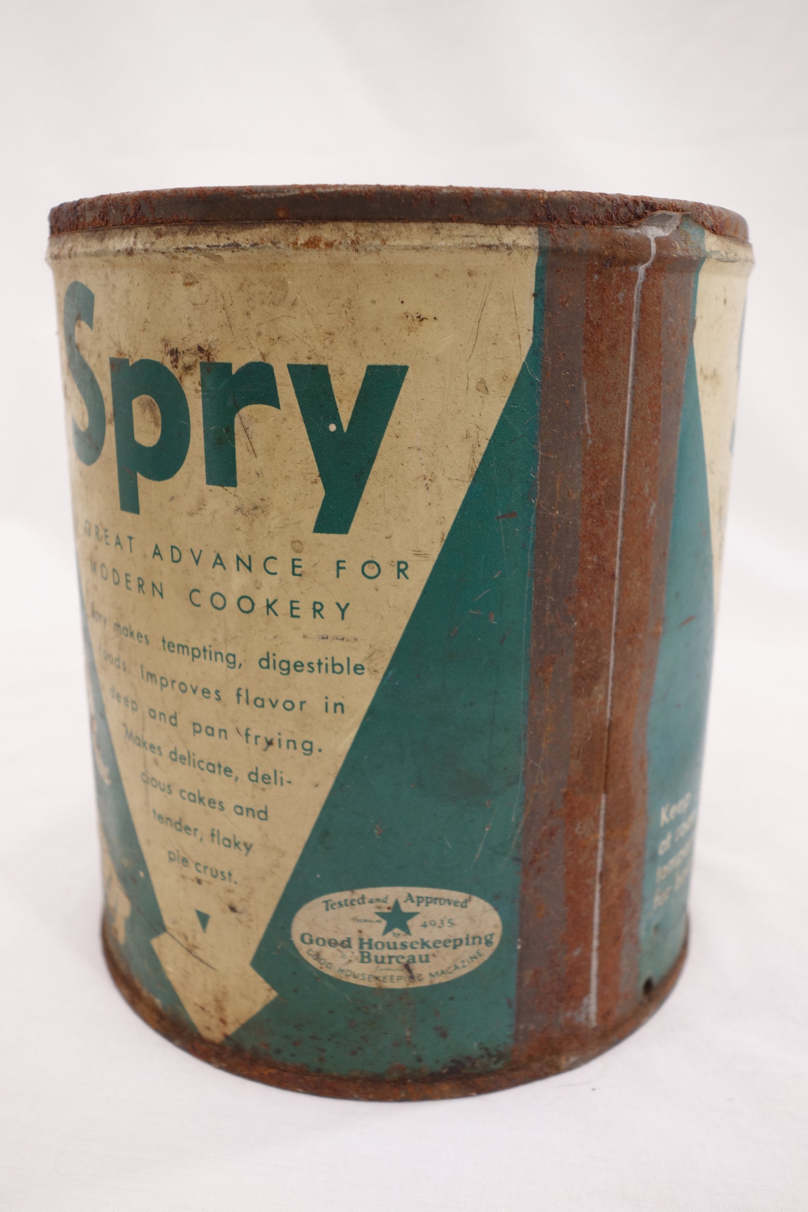 Antique 1940's Spry Pure Vegetable Shortening Baking Kitchen Tin Lever