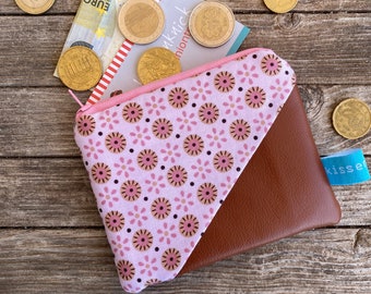Patchwork mini portemonnee, kunstleer bruin/cognac bruin met roze bloemen, cadeau voor beste vriend Pasen, verjaardagspartner, Moederdag