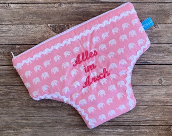 Bolsa con el texto "Alles im ass", neceser, estuche para lápices, rosa, elefantes, rosa