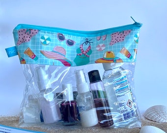 transparent toiletry bag for hand luggage, bag for liquids on the plane, hand luggage at the airport, swimwear motif