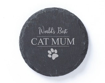 World's Best CAT MUM - Cat Lovers, Gift for Cat Mums -  Personalised Slate Coaster Gifts, Gift Wrapped