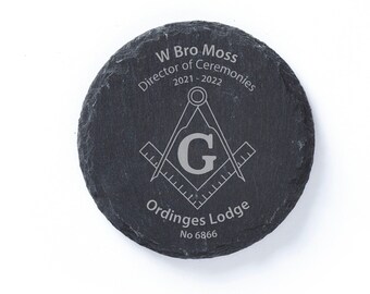 Masonic Square & Compasses Slate Coasters - Lodge and No. (included) + option to add Name, Office and Year + a Message. Comes, Gift Wrapped.
