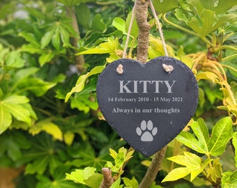 Pet Cat - Heart Memorial Plaque - Personalised Pet Remembrance Sign - Personalised Grave Marker - Heart Shaped, Hanging Pet Memorial