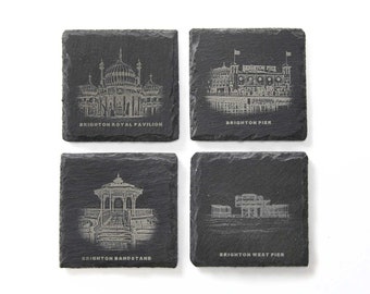 Iconic Brighton Landmark Coaster Set - Laser Engraved Slate Coasters - The Royal Pavilion, The West Pier, Brighton Pier, The Bandstand