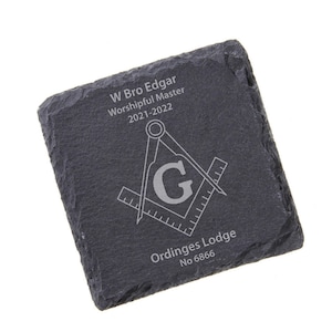 Masonic Square & Compasses Slate Coasters Lodge and No. included option add Name/Office/Year base Message. Gift Wrapped. image 1