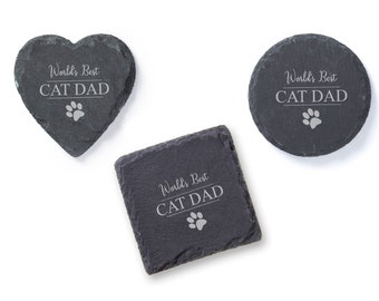 World's Best CAT DAD - Cat Lovers, Gift for Cat Dads -  Personalised Slate Coaster Gifts. Gift Wrapped.