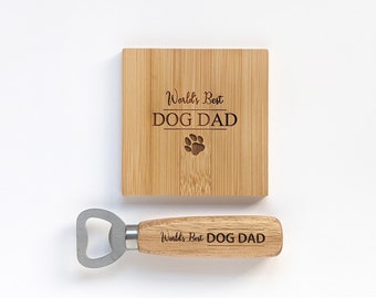 Weltbester DOG DAD Bambus Untersetzer & Flaschenöffner Set - Hundeliebhaber Geschenk, Geschenk für Hundeväter - Personalisierte Bambus Untersetzer Geschenke