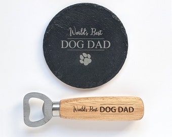 World's Best DOG DAD Slate Coaster & Wooden Bottle Opener Set - Dog Lovers Gift, Gift for Dog Dads - Personalised Slate Coaster Gifts