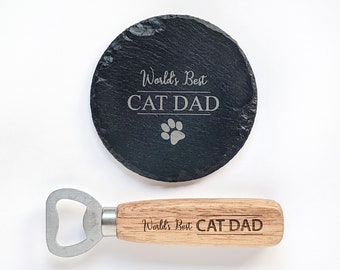 World's Best CAT DAD Slate Coaster & Bottle Opener Set - Cat Lovers, Gift for Cat Dads - Personalised Slate Coaster Gifts