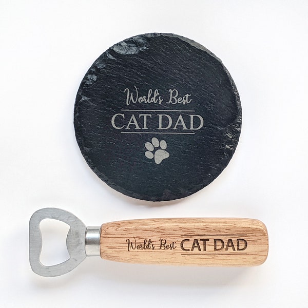 World's Best CAT DAD Slate Coaster & Bottle Opener Set - Cat Lovers, Gift for Cat Dads - Personalised Slate Coaster Gifts