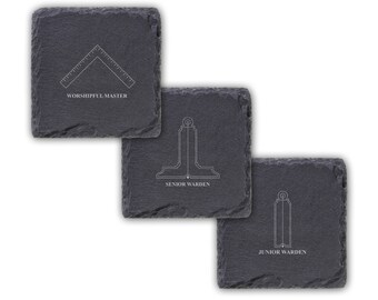 Masonic Lodge Coaster Set x3 (Square) Worshipful Master, Senior & Junior Warden Coaster - Freemasons Festive Board Coasters - Gift Wrapped