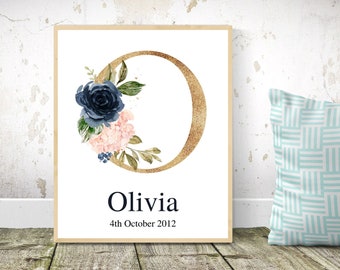 Baby Initial Print, Nursery Decor Print, Nursery Art, New Baby Girl Gift, Girls Room Decor, Personalised Initial, Personalised Name Gift