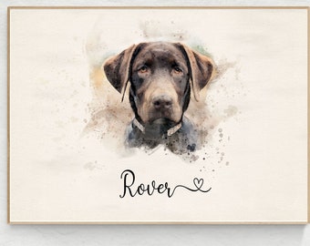 May include: A rectangular print featuring a watercolor illustration of a brown Labrador dog with floppy ears and amber eyes. Below the dog, the name Rover is written in black cursive script, followed by a small heart outline on a cream background.