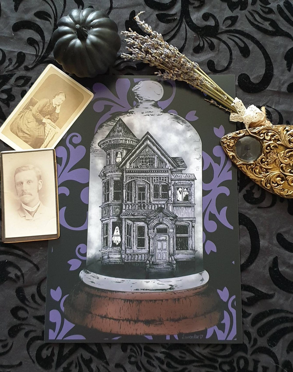 Haunted House in bell jar art spooky ghost Halloween gothic Etsy