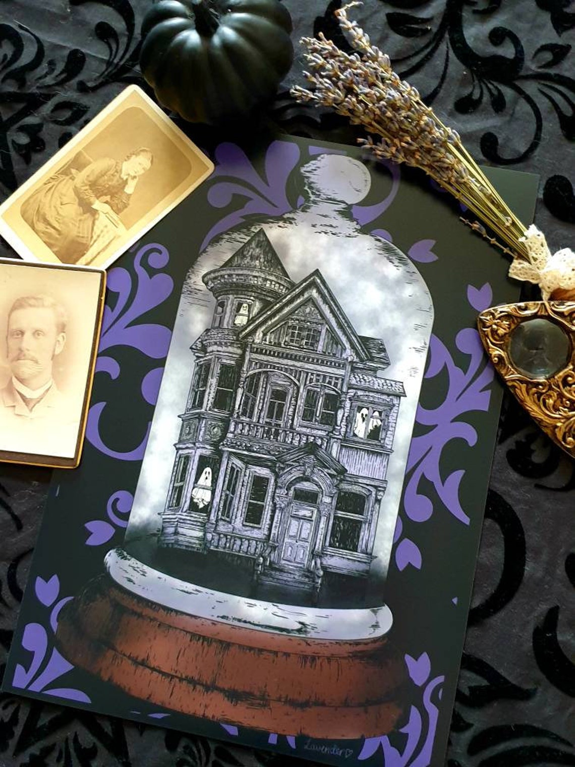 Haunted House in bell jar art spooky ghost Halloween gothic Etsy