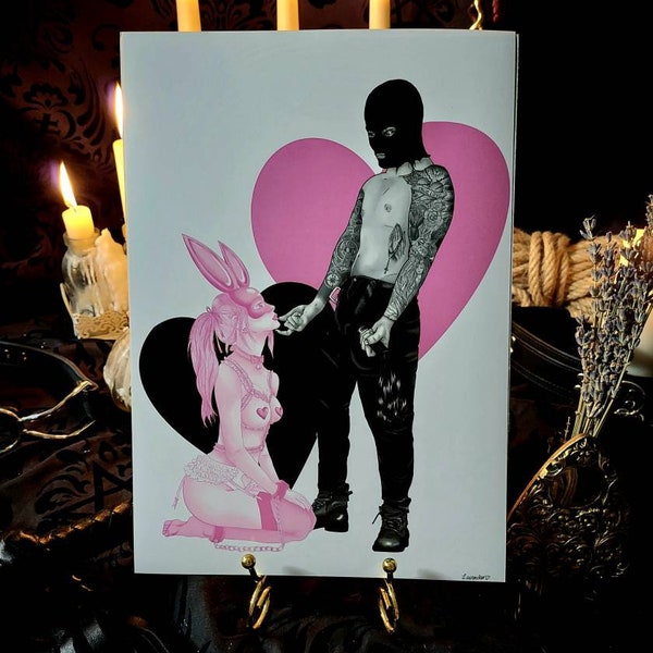 Sub and Dom art print ddlg fetish kink daddy baby girl bunny girl tattoo man balaclava couple valentines gift
