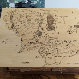 Middle Earth wooden map engraved handmade