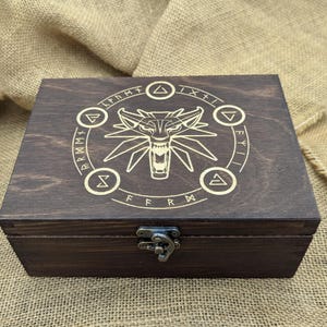Witcher wooden box for Gwent cards, White wolf symbol