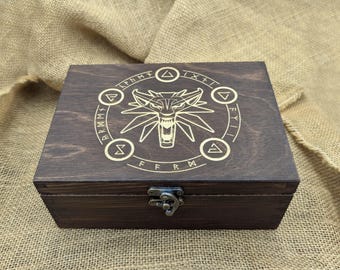 Witcher wooden box for Gwent cards, White wolf symbol