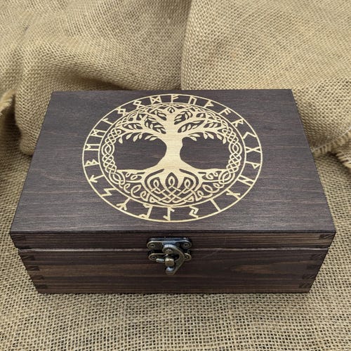 Norse Viking wooden box, Yggdrasil Mythology Runes tree