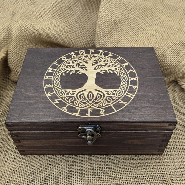 Norse Viking wooden box, Yggdrasil Mythology Runes tree