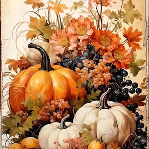 May include: A watercolor painting of a fall harvest scene. Two large orange pumpkins and two white pumpkins are surrounded by orange flowers, grapes, and fall foliage. Small orange gourds are at the bottom.