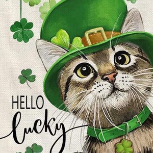 May include: Illustration of a cat wearing a green hat and collar with a shamrock charm. The cat has brown and tan fur and is looking up. The words "Hello Lucky" are written in black script.