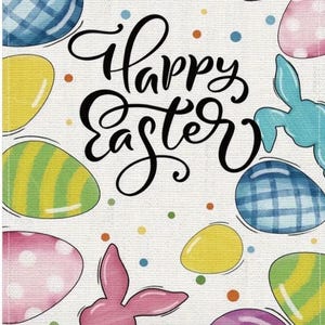 May include: A white background with colorful Easter eggs and bunnies. The words "Happy Easter" are written in a cursive font. The eggs are decorated with stripes, polka dots, and swirls in shades of pink, blue, yellow, and purple.