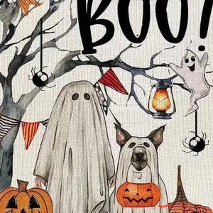 May include: Halloween-themed illustration featuring the word "BOO!" in large black letters. The image includes a ghost, a dog in a ghost costume holding a pumpkin, and jack-o'-lanterns. Spiders and a lantern are also present, creating a spooky atmosphere.