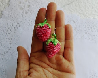 Strawberry earrings, Crochet strawberries, Best gifts for girls, Fake food jewelry, Dangle drop earrings, Vegan fruit jewelry, Folk and boho