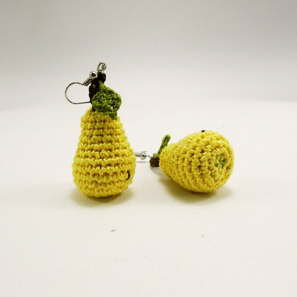 Yellow pear earrings,  Crochet yellow pears, Best gifts for girls, Dangle earrings, Mini food jewelry, Boho earrings, Hippie fruit jewelry
