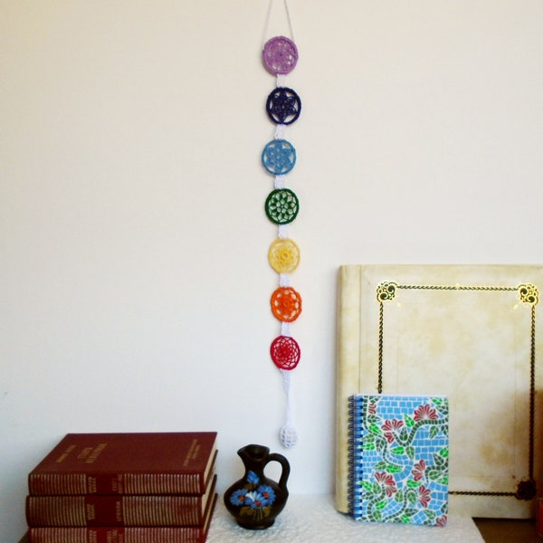 Chakra Wall Hanging, Yoga Studio Wall Art, Spiritual Gift, Crochet Chakra Art, Bohemian Room Decor, Yoga Teacher Gift, Hippie Gift idea