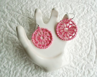 Pink hoop earrings, Crochet lace earrings, Pink mandala, Boho chic jewelry, Best gifts for her, Flower earrings, Everyday earrings