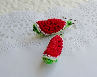 Watermelon earrings, Crochet watermelons, Best gifts for girls, Mini food jewelry, Dangle drop earrings, Hippie jewelry, Valentines Day gift