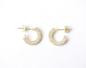 Gold Half Hoop Earrings, Dainty Cubic Zirconia Hoop Earrings, Small Hoop Earrings, Gift For Women, Delicate Gold Diamond Hoops, Tiny Hoops