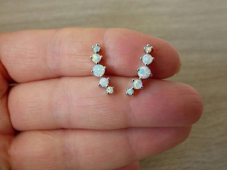 Fire Blue Opal Silver Stud EarringsSilver Ear Crawler | Etsy