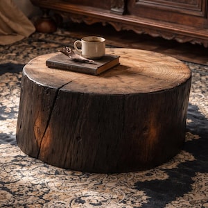 May include: A rustic, round coffee table made from a section of a tree trunk. The dark brown wood table has a natural, textured surface with a visible crack. A small book, a decorative object, and a mug of coffee sit on top.