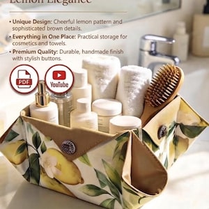 Könnte beinhalten: Ein Stoff-Organizer mit Zitronen- und Blattmuster, braunen Kanten und Knopfdetails. Der Text lautet: Order and Style, Handmade Premium Organizer, Lemon Elegance, Unique Design, Everything in One Place, und Premium Quality.