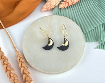 24k Gold Plated Black Clay Crescent Moon Hoops
