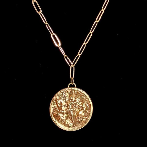 Golden Victory Large Medallion Necklace Men’s Or Women’s Guardian Angel With Horses Solid Medal on Adjustable Gold Paperclip Chain