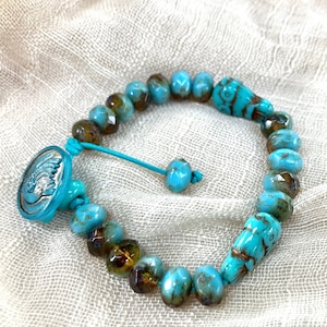 Czech Glass Beaded Turquoise Leather Bracelet For 6 1/2” Wrist   Owl Beads and Bird Button Turquoise-and-Tortoise Shell-Colored Bracelet