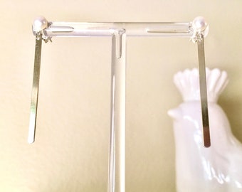 Sterling Silver Long Thin Sticks and White Freshwater Pearls Post Earrings White Cultured Pearl Studs with Silver Bars