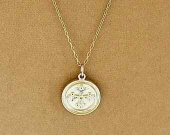 18K Gold Filled Medallion Necklace: Matte Gold Round Pendant, 19” Chain