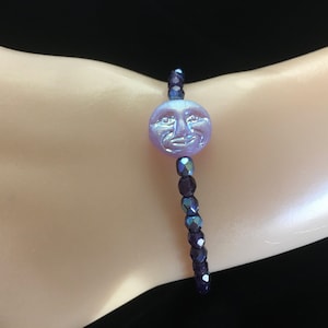 Czech Glass Full Moon Face Bracelet: Beaded Purple Violet Jewelry