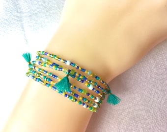 Seed Bead Stretch Bracelet or Necklace: Colorful Tassel Jewelry