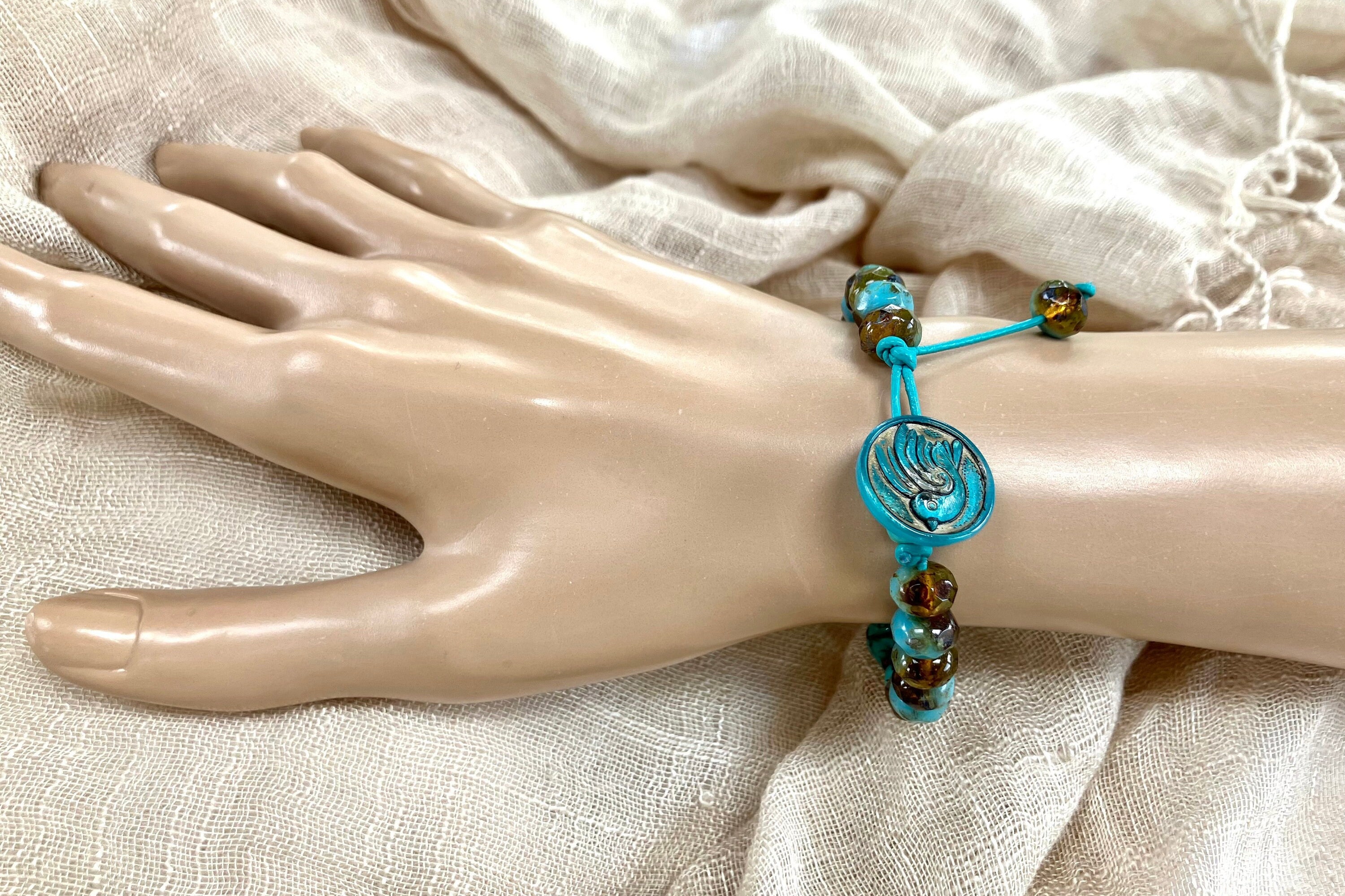 Czech Glass Beaded Leather Bracelet: Turquoise Owl Beads, Bird Button, 6 1/2" Wrist