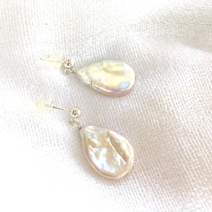 Natural Cultured Baroque Pearl Teardrop Sterling Silver Earrings White Teardrop Pearls On Sterling Silver Ear Posts 1 3/8” Long Earrings