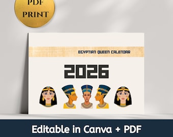 Calendario stampabile delle regine 2026 - Download digitale mensile Antico Egitto Arte annuale