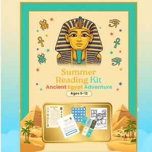 May include: A Summer Reading Kit Ancient Egypt Adventure for ages 6-12 featuring a golden pharaoh illustration, scarabs, and ankh symbols. The kit includes a reading log, a blue grid chart, a colouring page, and bookmarks on a gold-toned board.