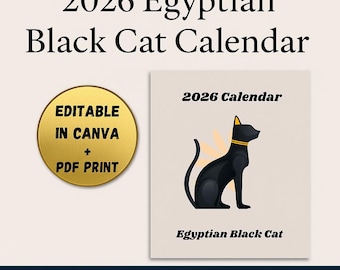 Calendario 2026 del gatto nero egiziano / Arte felina mistica (Canva modificabile, download PDF)
